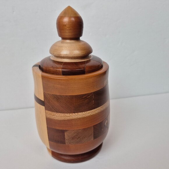 Vintage Alder Maple Wood Inlaid Vase Urn with Lid